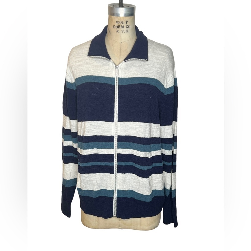 Club Monaco XL Womens blue striped zipper front sweater